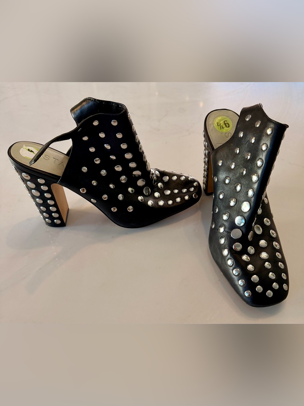 1STATE Black Leather Studded Slingback Mules. Size 9.5